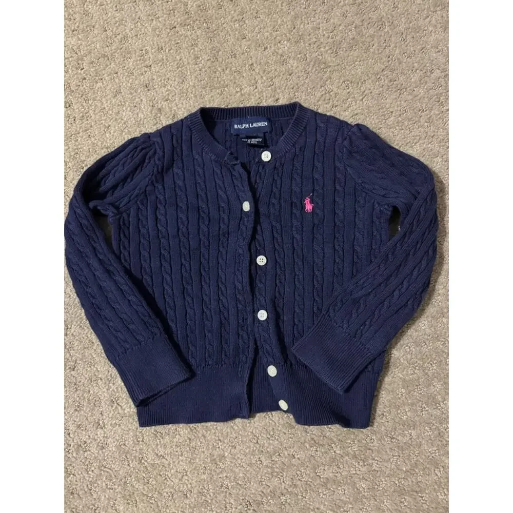 Ralph Lauren Navy Cable-Knit Cardigan with Pink Pony